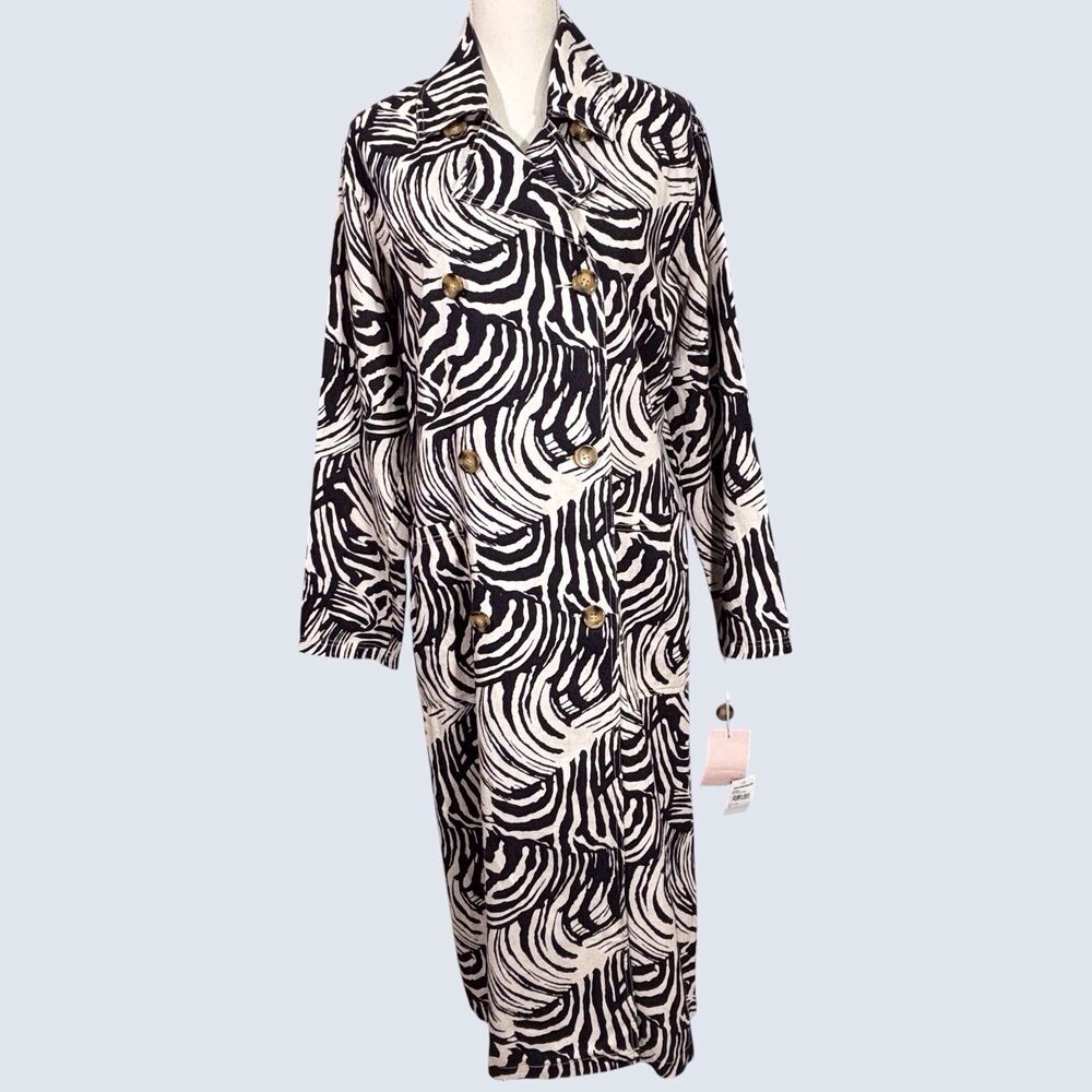 Avec Les Filles Double Breasted Trench Coat Zebra Print Small Linen Blend NWT